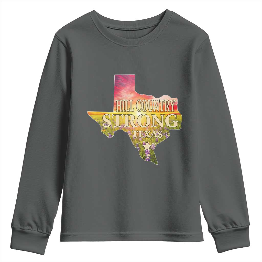 Hill Country Strong Texas Youth Sweatshirt Sunset Bluebonnet Resilience - Wonder Print Shop