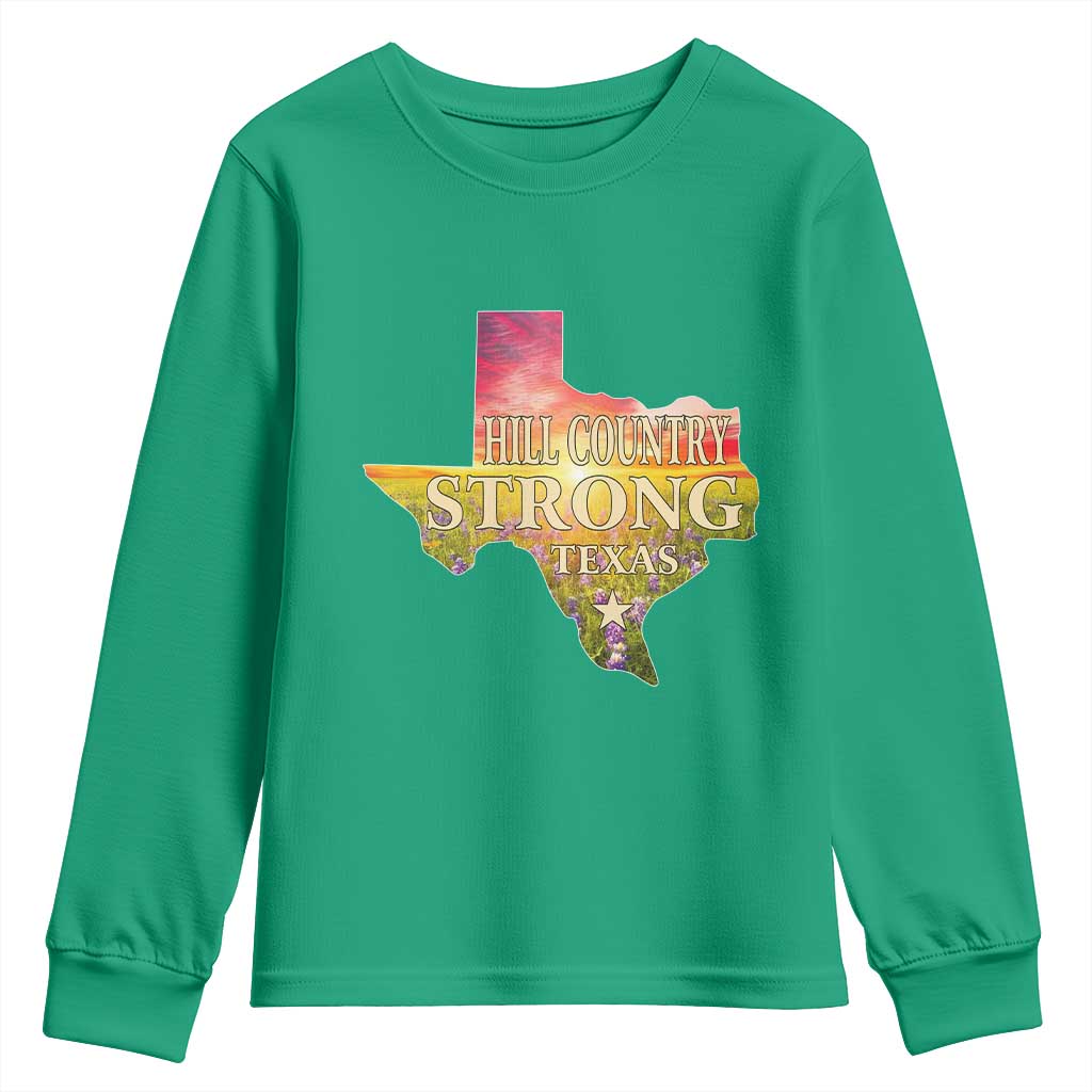 Hill Country Strong Texas Youth Sweatshirt Sunset Bluebonnet Resilience - Wonder Print Shop