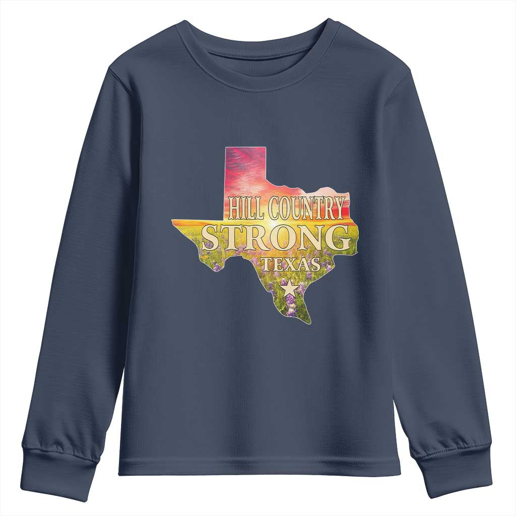 Hill Country Strong Texas Youth Sweatshirt Sunset Bluebonnet Resilience - Wonder Print Shop