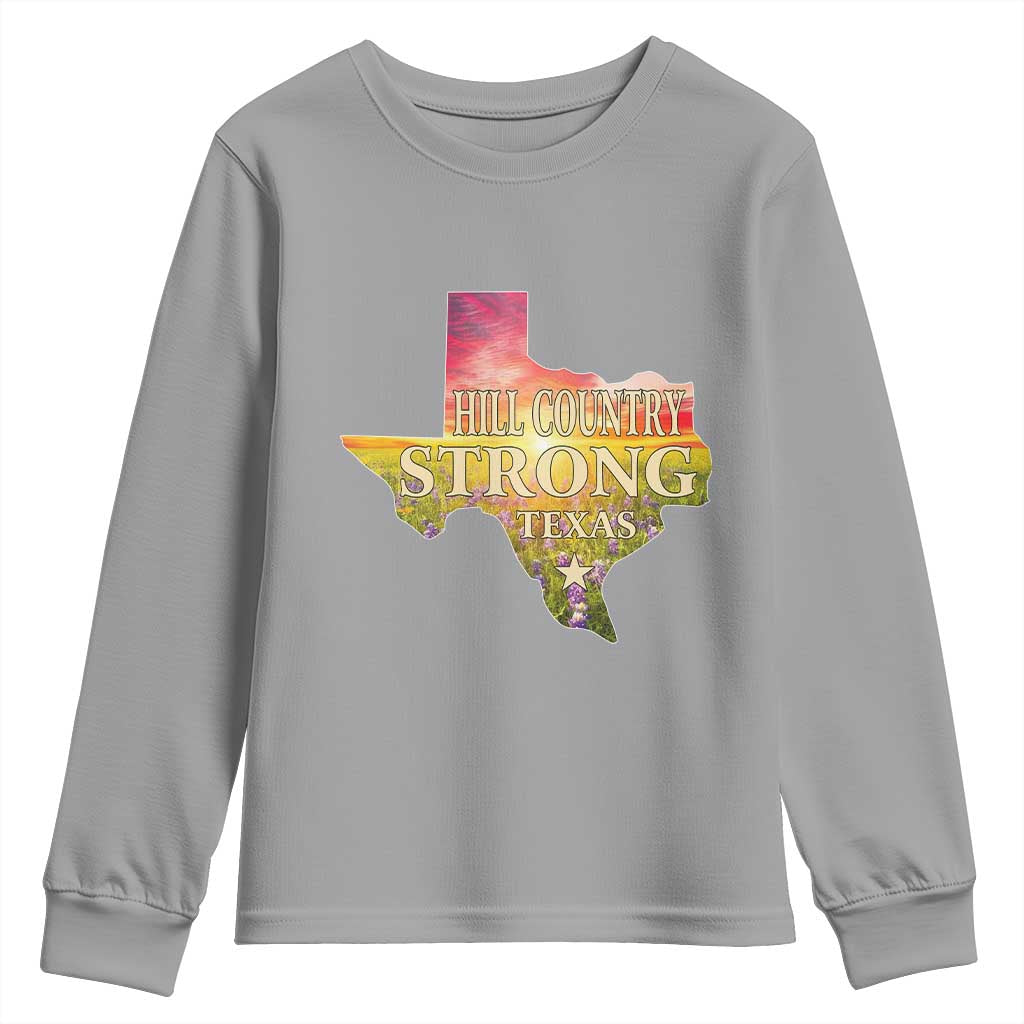 Hill Country Strong Texas Youth Sweatshirt Sunset Bluebonnet Resilience - Wonder Print Shop
