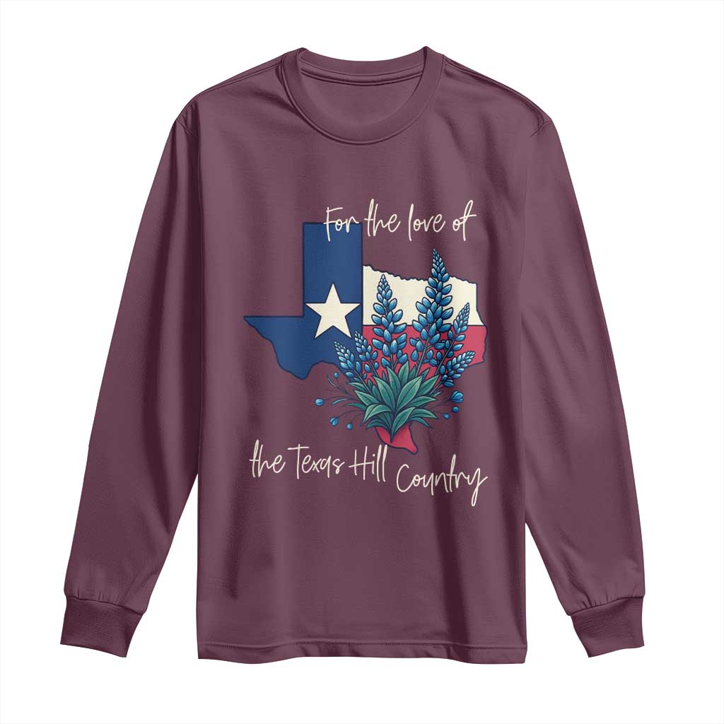 For the Love of the Texas Hill Country Long Sleeve Shirt Bluebonnet Floral Patriotic Flag - Wonder Print Shop