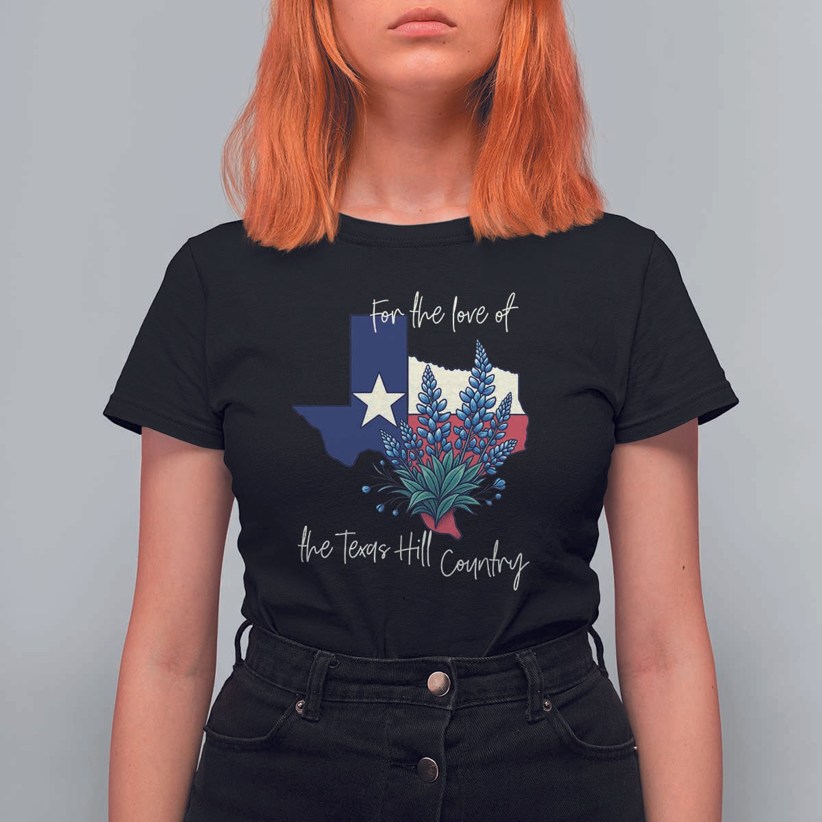 For the Love of the Texas Hill Country T Shirt For Women Bluebonnet Floral Patriotic Flag - Wonder Print Shop