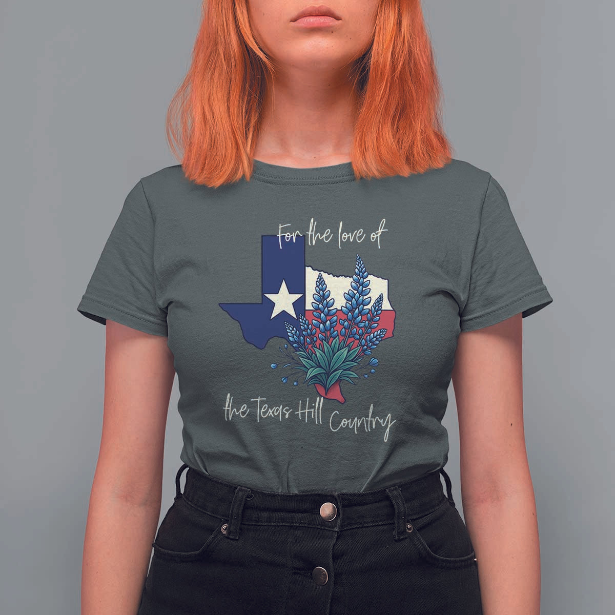 For the Love of the Texas Hill Country T Shirt For Women Bluebonnet Floral Patriotic Flag - Wonder Print Shop