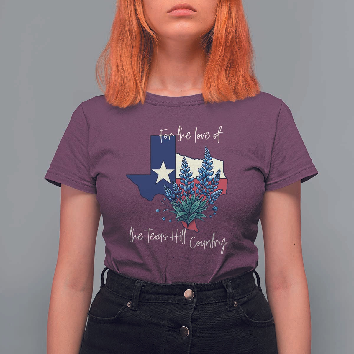 For the Love of the Texas Hill Country T Shirt For Women Bluebonnet Floral Patriotic Flag - Wonder Print Shop