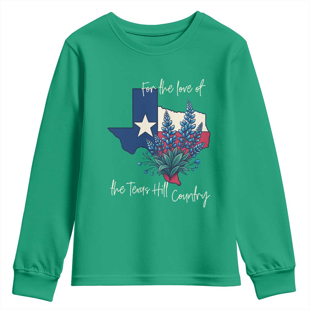For the Love of the Texas Hill Country Youth Sweatshirt Bluebonnet Floral Patriotic Flag - Wonder Print Shop