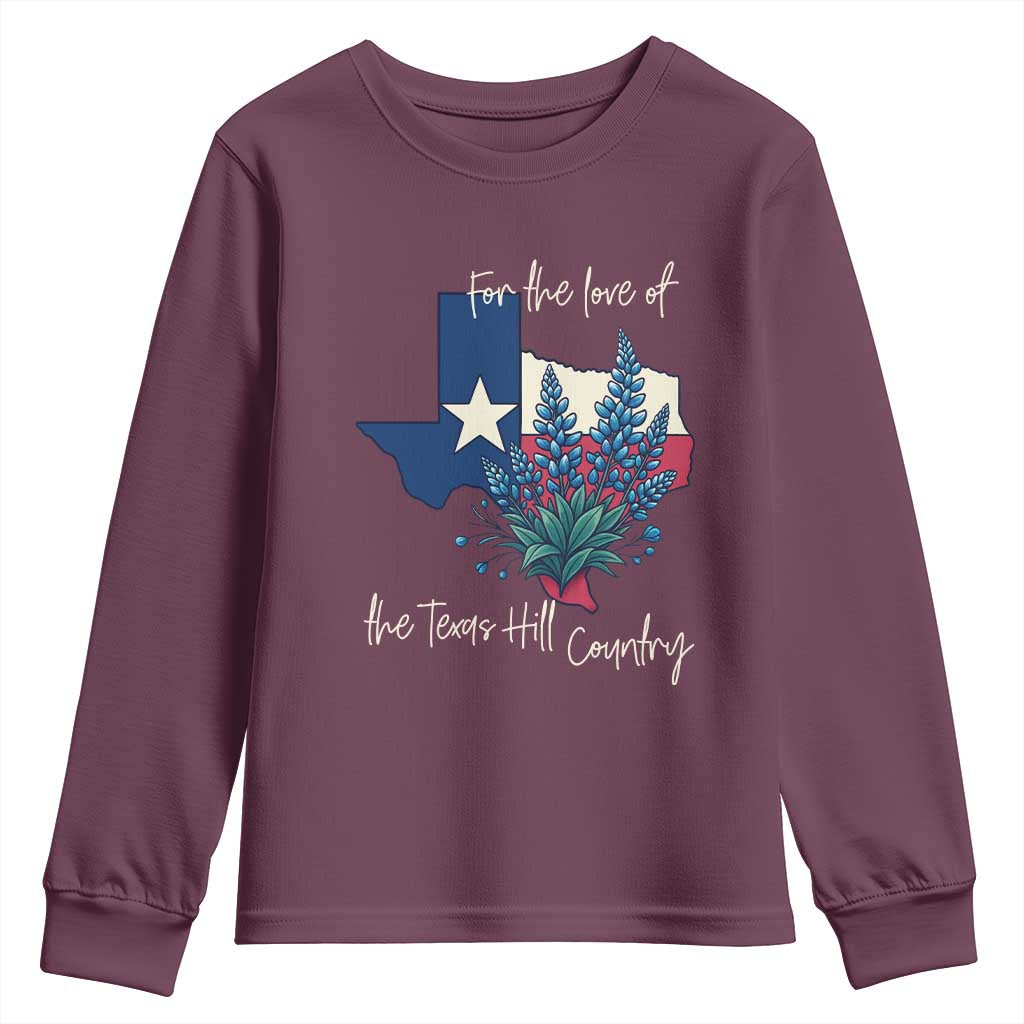 For the Love of the Texas Hill Country Youth Sweatshirt Bluebonnet Floral Patriotic Flag - Wonder Print Shop