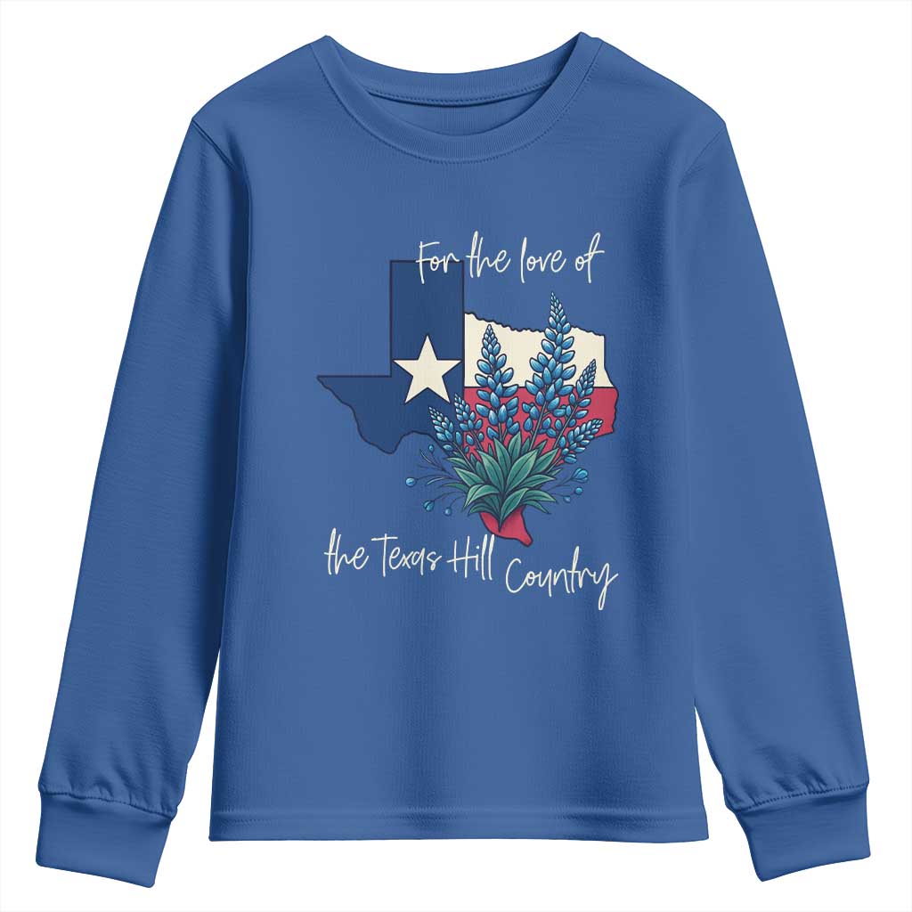 For the Love of the Texas Hill Country Youth Sweatshirt Bluebonnet Floral Patriotic Flag - Wonder Print Shop