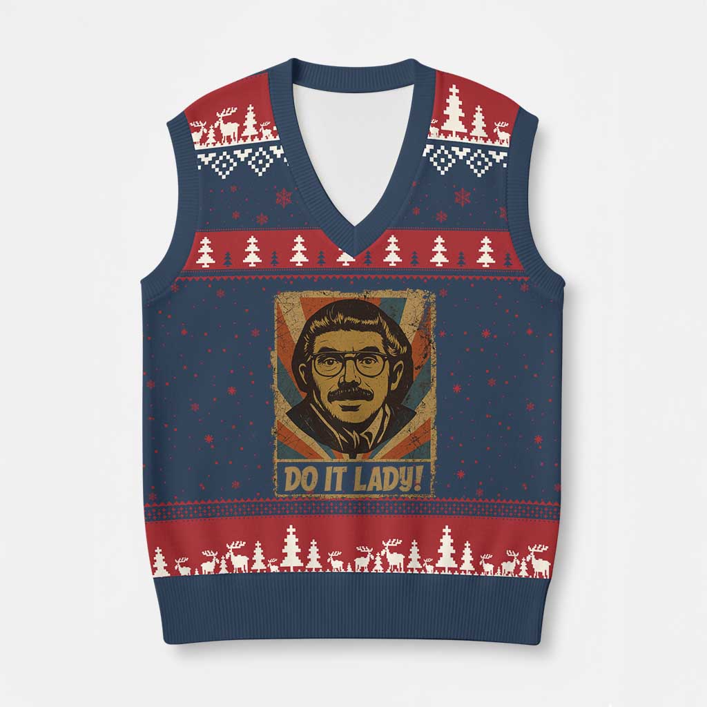 Funny Do It Lady Vintage V-Neck Knit Sweater Vest Retro 70s Mustache Guy Meme Parody - Wonder Print Shop