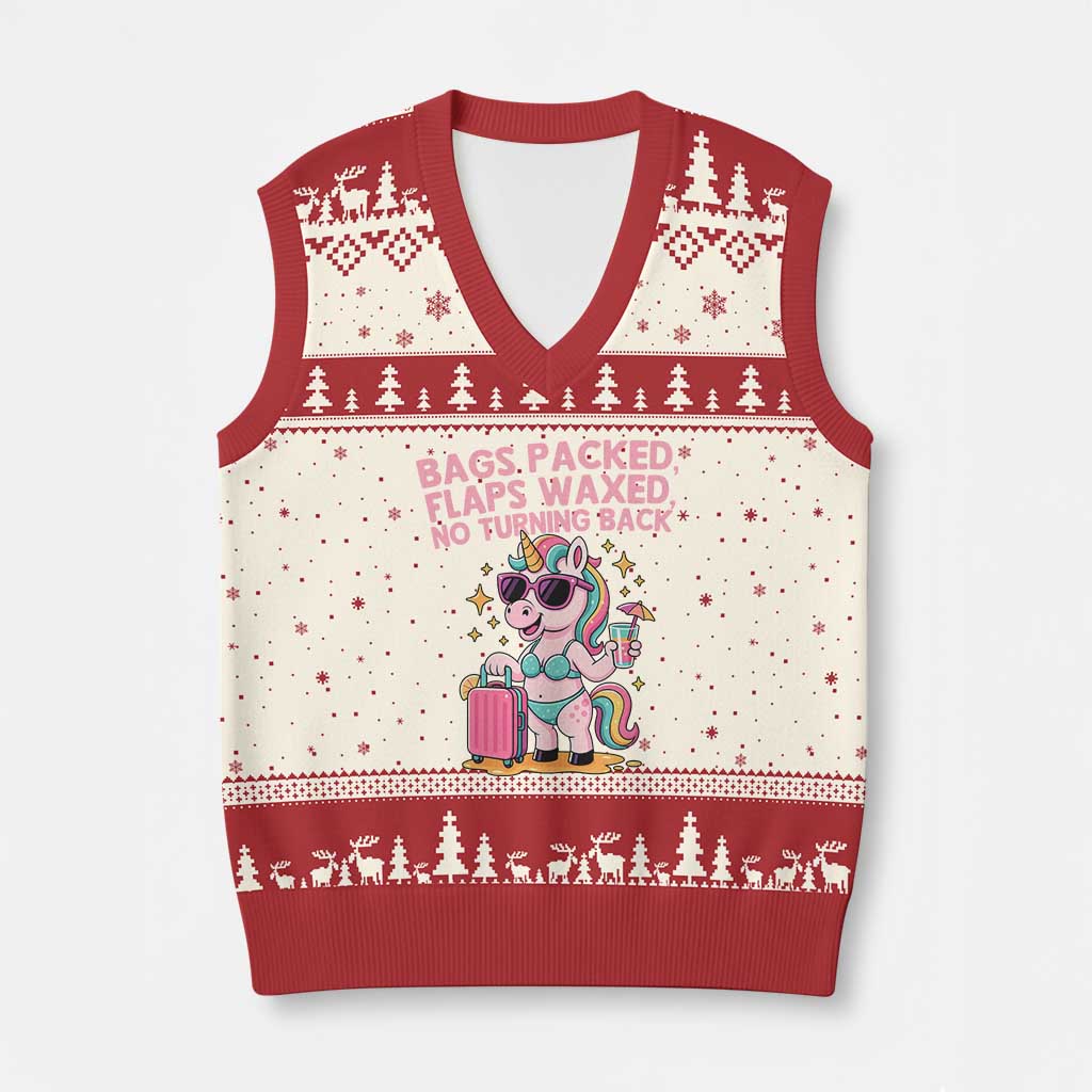 Funny Girls Trip Unicorn V-Neck Knit Sweater Vest Bags Packed Flaps Waxed No Turning Back Bikini Vacation Bachelorette - Wonder Print Shop