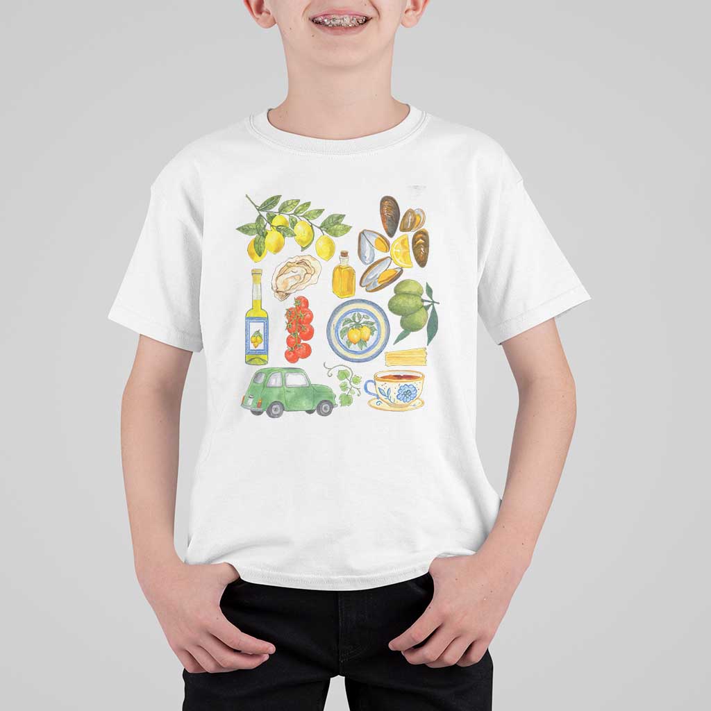 Italian Summer Scrapbook T Shirt For Kid Limoncello Seafood Coastal Italy La Dolce Vita TS02