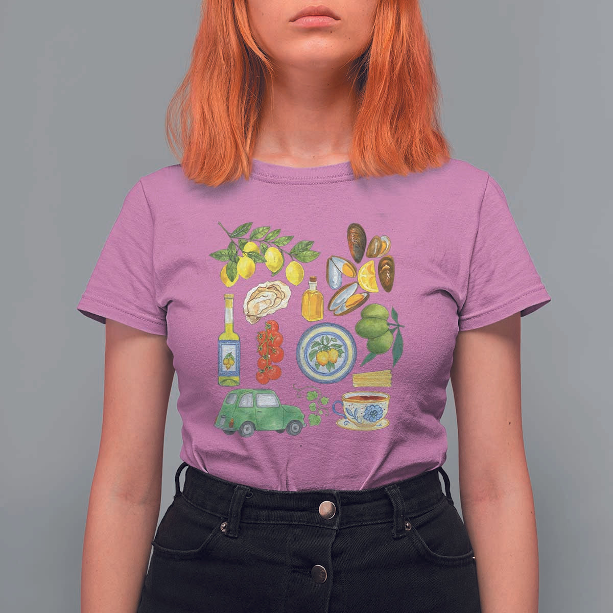 Italian Summer Scrapbook T Shirt For Women Limoncello Seafood Coastal Italy La Dolce Vita TS02