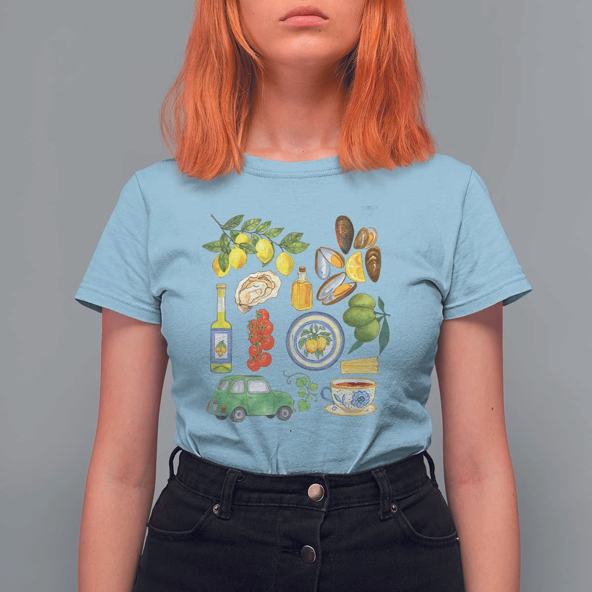 Italian Summer Scrapbook T Shirt For Women Limoncello Seafood Coastal Italy La Dolce Vita TS02