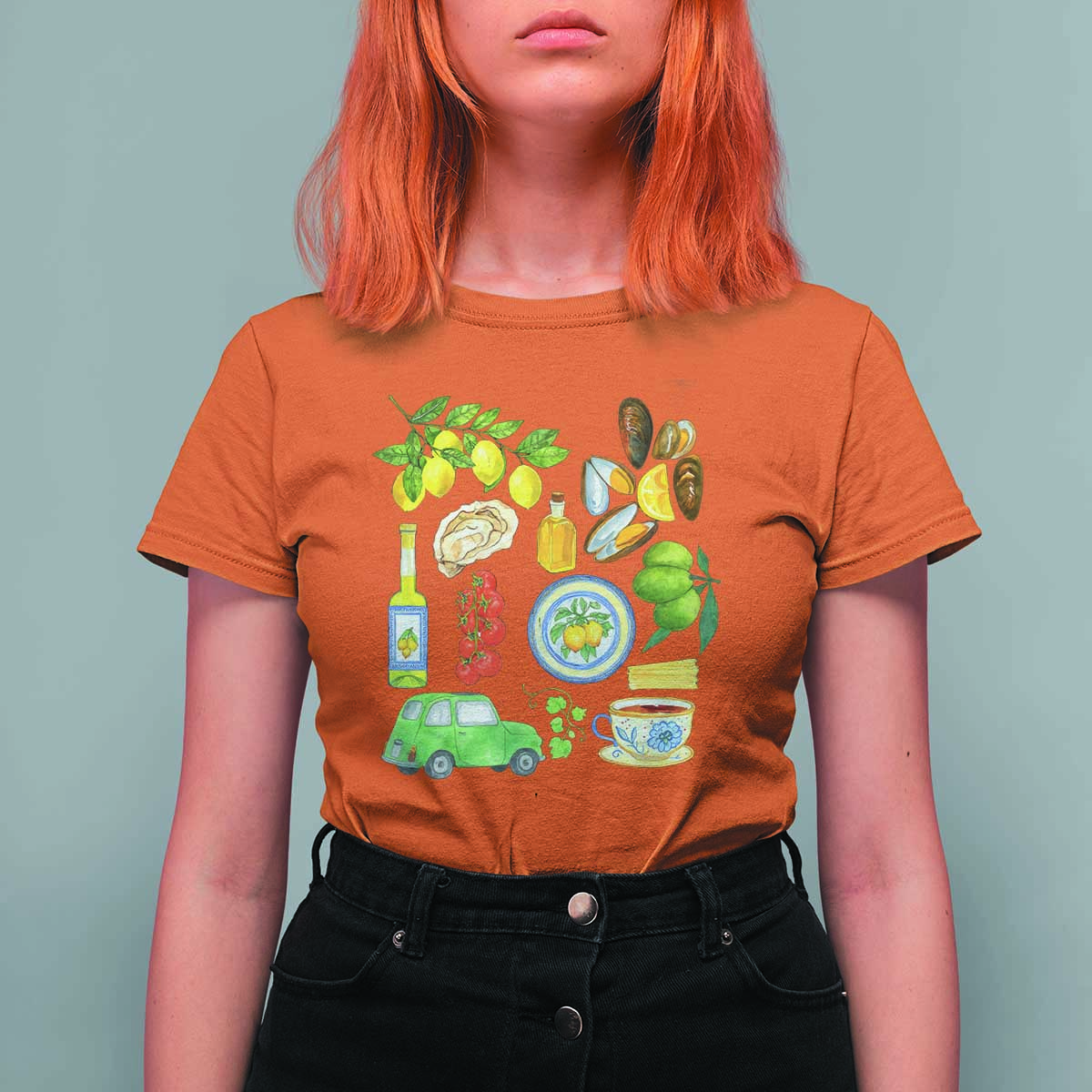 Italian Summer Scrapbook T Shirt For Women Limoncello Seafood Coastal Italy La Dolce Vita TS02