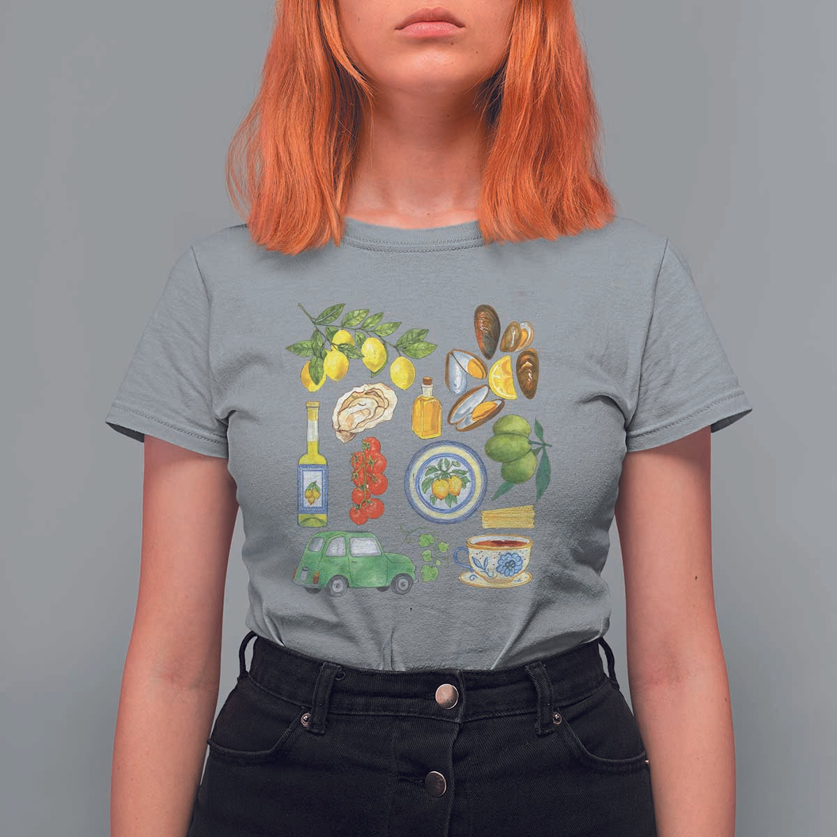 Italian Summer Scrapbook T Shirt For Women Limoncello Seafood Coastal Italy La Dolce Vita TS02