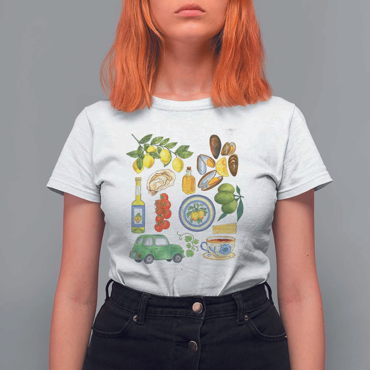 Italian Summer Scrapbook T Shirt For Women Limoncello Seafood Coastal Italy La Dolce Vita TS02