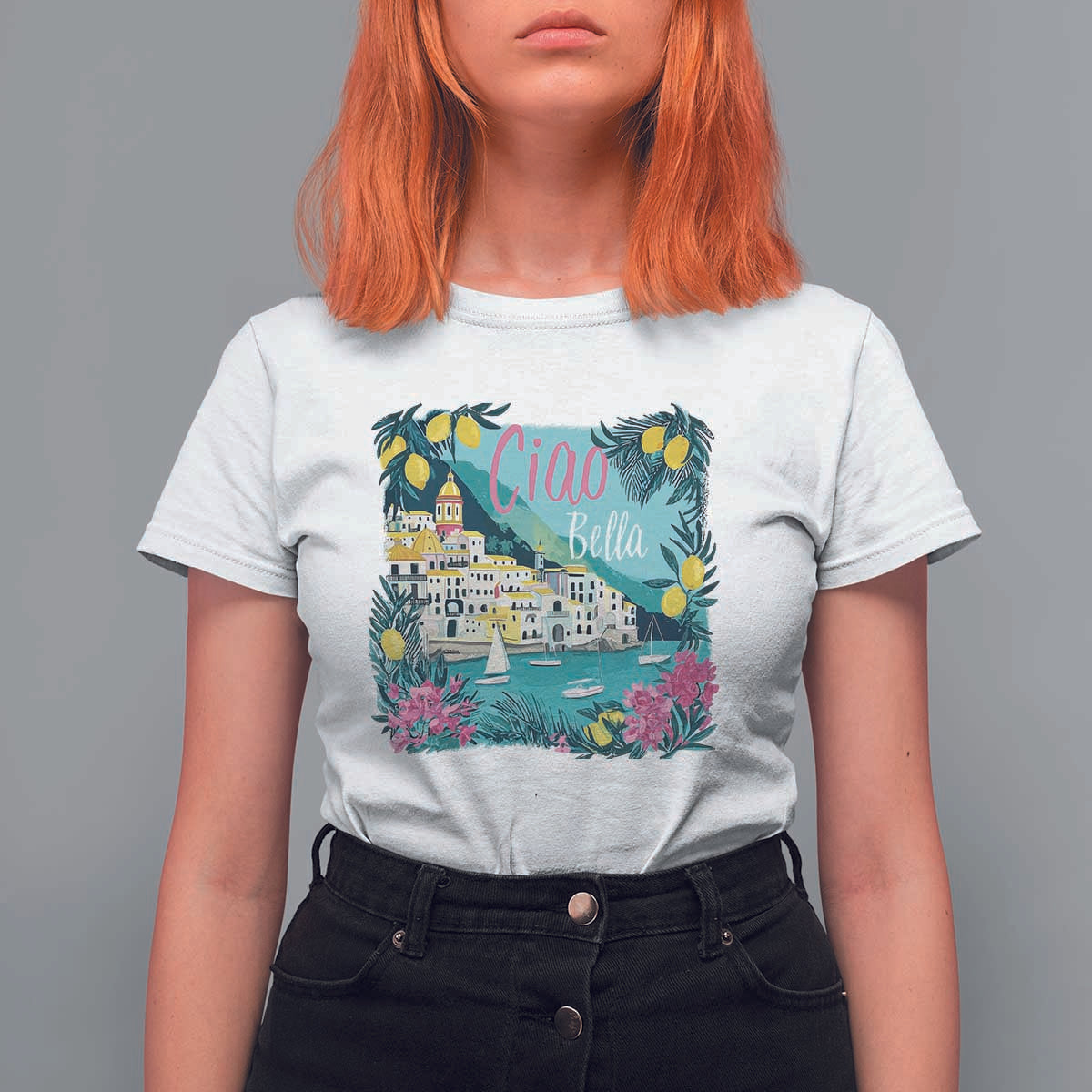 Ciao Bella Italy Amalfi Coast T Shirt For Women Lemons and Florals Nostalgic Village - Wonder Print Shop