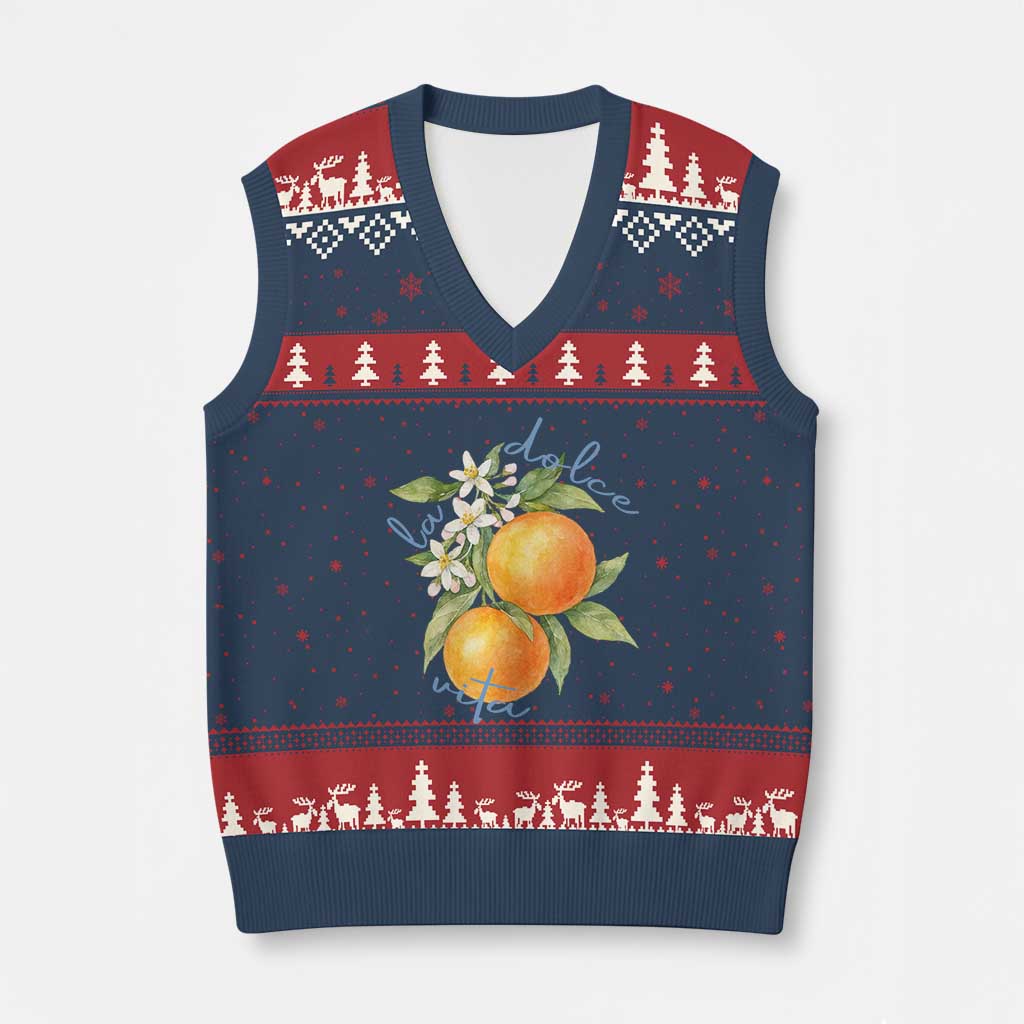 La Dolce Vita Oranges V-Neck Knit Sweater Vest Romantic Italian Citrus Blossom Mediterranean Charm - Wonder Print Shop