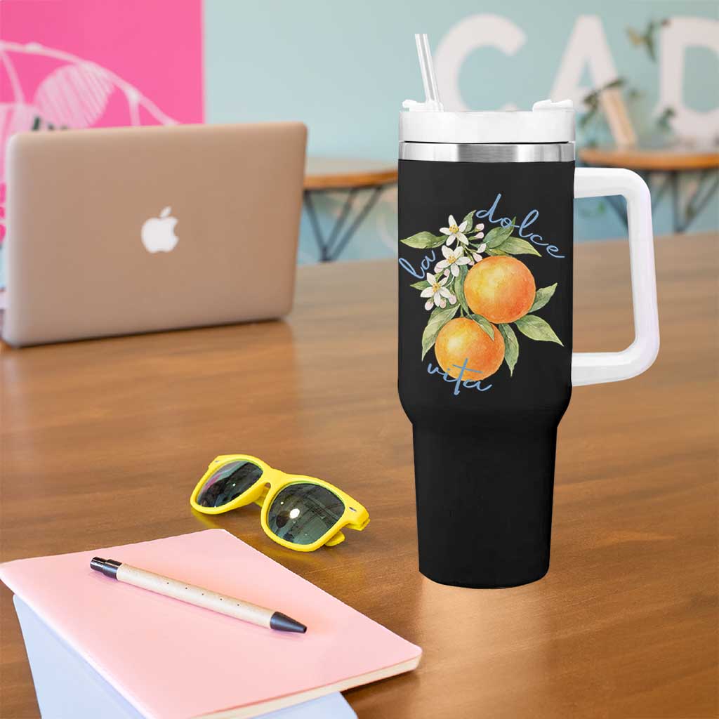 La Dolce Vita Oranges Tumbler With Handle Romantic Italian Citrus Blossom Mediterranean Charm - Wonder Print Shop