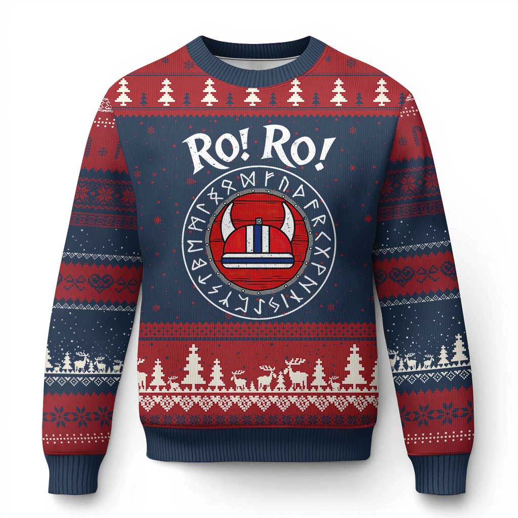 Ro Ro Ro Viking Chant Norway Football Fans Ugly Christmas Sweater Norwegian Pride Distressed Norse Runes Shield Patriotic Supporter