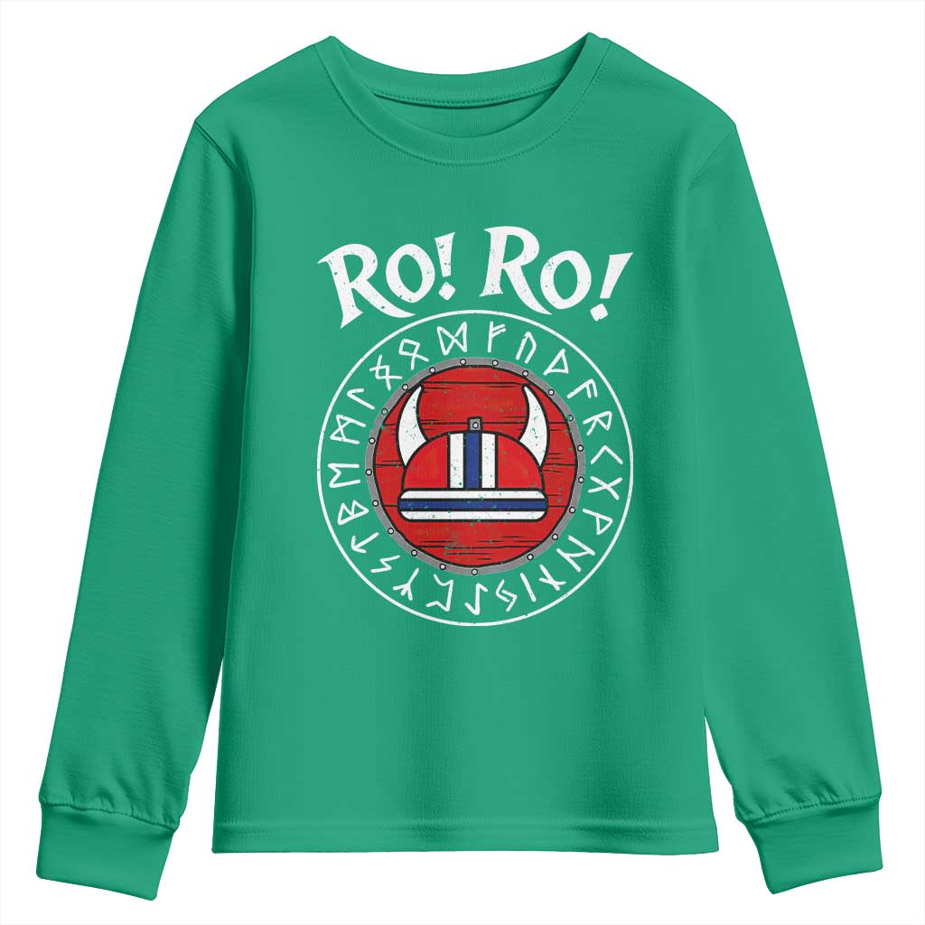Ro Ro Ro Viking Chant Norway Football Fans Youth Sweatshirt Norwegian Pride Distressed Norse Runes Shield Patriotic Supporter