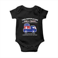 Two Republicans And A Truck Helping Liberals Move To Canada Baby Onesie Funny Elephant Red White and Blue Sarcastic Political