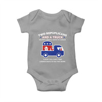 Two Republicans And A Truck Helping Liberals Move To Canada Baby Onesie Funny Elephant Red White and Blue Sarcastic Political