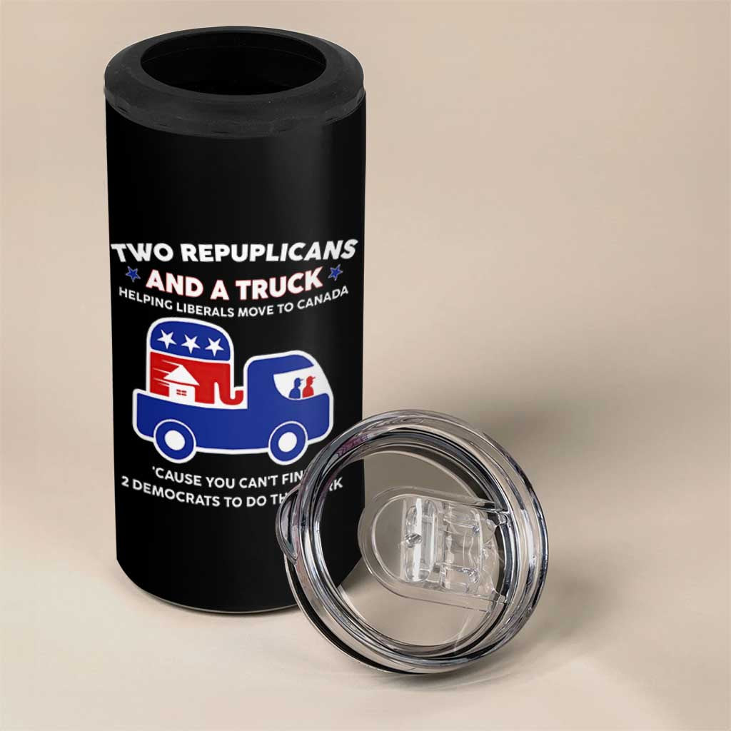 Two Republicans And A Truck Helping Liberals Move To Canada 4 in 1 Can Cooler Tumbler Funny Elephant Red White and Blue Sarcastic Political