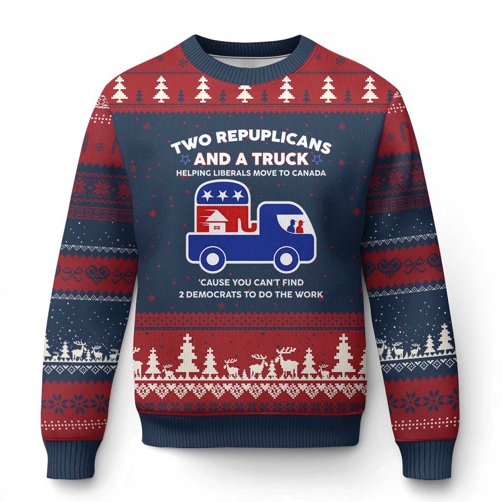 Two Republicans And A Truck Helping Liberals Move To Canada Ugly Christmas Sweater Funny Elephant Red White and Blue Sarcastic Political