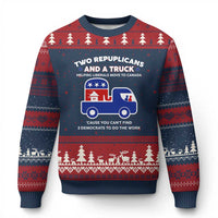 Two Republicans And A Truck Helping Liberals Move To Canada Ugly Christmas Sweater Funny Elephant Red White and Blue Sarcastic Political