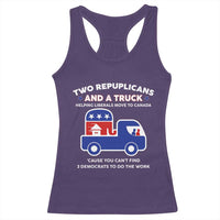 Two Republicans And A Truck Helping Liberals Move To Canada Racerback Tank Top Funny Elephant Red White and Blue Sarcastic Political