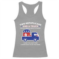 Two Republicans And A Truck Helping Liberals Move To Canada Racerback Tank Top Funny Elephant Red White and Blue Sarcastic Political