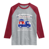 Two Republicans And A Truck Helping Liberals Move To Canada Raglan Shirt Funny Elephant Red White and Blue Sarcastic Political