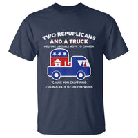 Two Republicans And A Truck Helping Liberals Move To Canada T Shirt Funny Elephant Red White and Blue Sarcastic Political