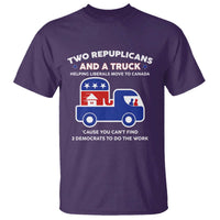 Two Republicans And A Truck Helping Liberals Move To Canada T Shirt Funny Elephant Red White and Blue Sarcastic Political