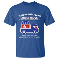 Two Republicans And A Truck Helping Liberals Move To Canada T Shirt Funny Elephant Red White and Blue Sarcastic Political