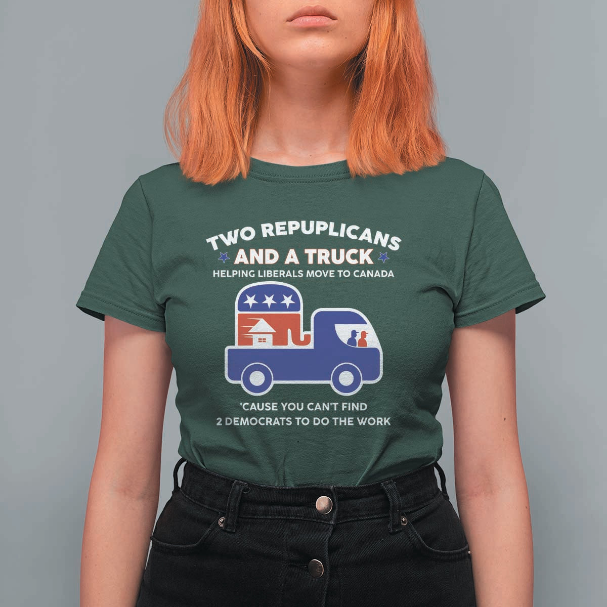 Two Republicans And A Truck Helping Liberals Move To Canada T Shirt For Women Funny Elephant Red White and Blue Sarcastic Political