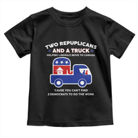 Two Republicans And A Truck Helping Liberals Move To Canada Toddler T Shirt Funny Elephant Red White and Blue Sarcastic Political
