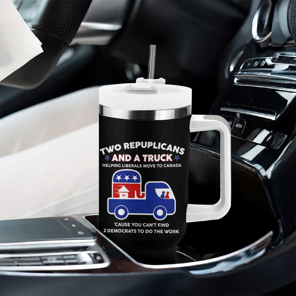 Two Republicans And A Truck Helping Liberals Move To Canada Tumbler With Handle Funny Elephant Red White and Blue Sarcastic Political
