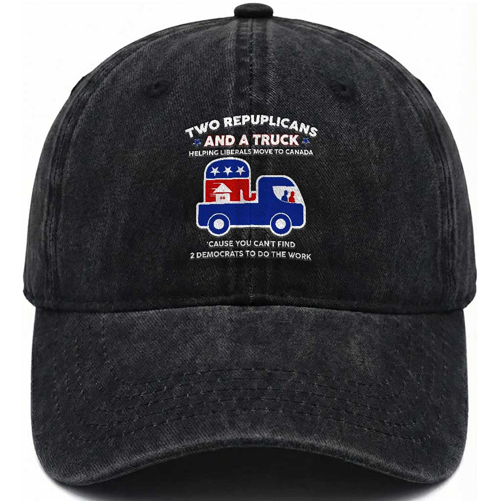 Two Republicans And A Truck Helping Liberals Move To Canada Washed Cotton Baseball Cap Funny Elephant Red White and Blue Sarcastic Political