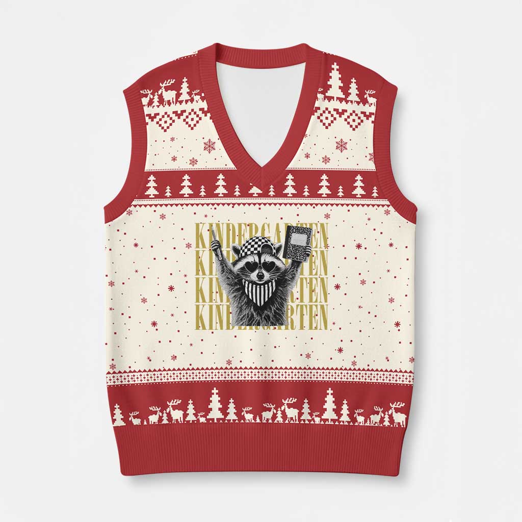 Cool Kindergarten Raccoon Back to School V-Neck Knit Sweater Vest First Day of School Funny Kids Gift