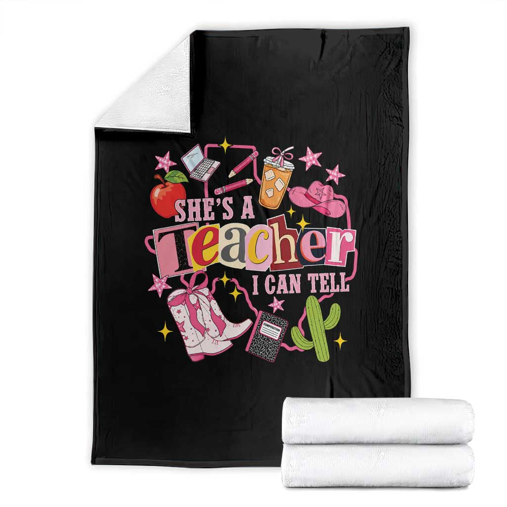 She is a Teacher I Can Tell School Aesthetic Throw Blanket Retro Groovy Western Cowgirl Texas