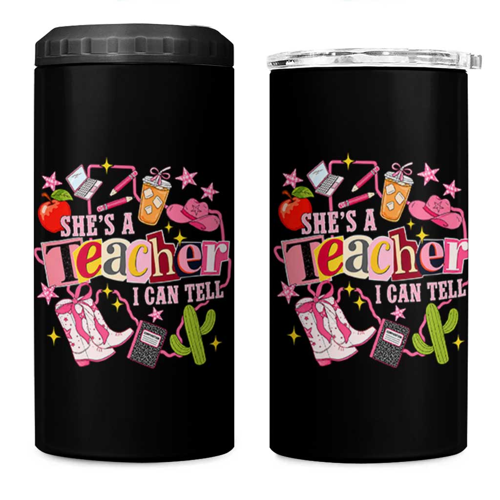She is a Teacher I Can Tell School Aesthetic 4 in 1 Can Cooler Tumbler Retro Groovy Western Cowgirl Texas