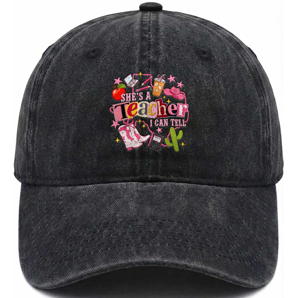 She is a Teacher I Can Tell School Aesthetic Washed Cotton Baseball Cap Retro Groovy Western Cowgirl Texas