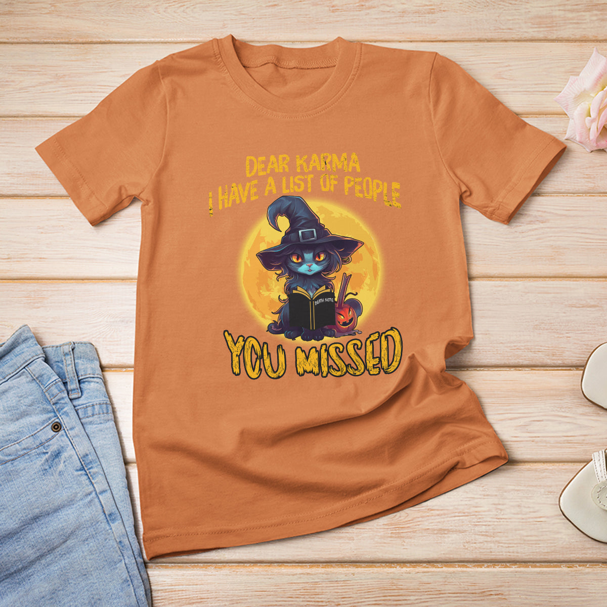 Funny Cat Karma T Shirt For Women Dear Karma I Have List Of People You Missed Black Cat Witch - Wonder Print Shop