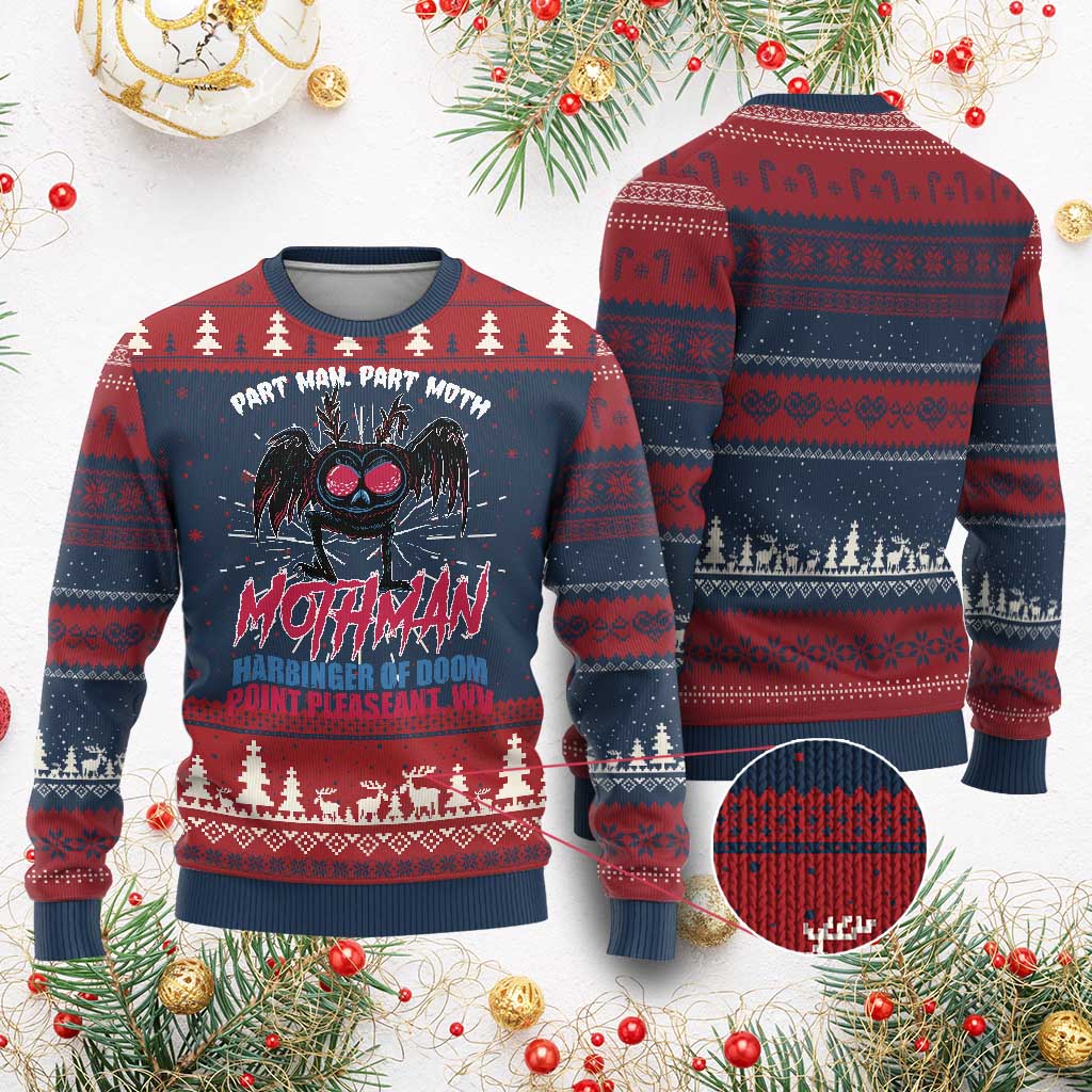 Funny Mothman Ugly Christmas Sweater Part Man Part Moth Harbinger Of Doom Point Pleasent WV - Wonder Print Shop
