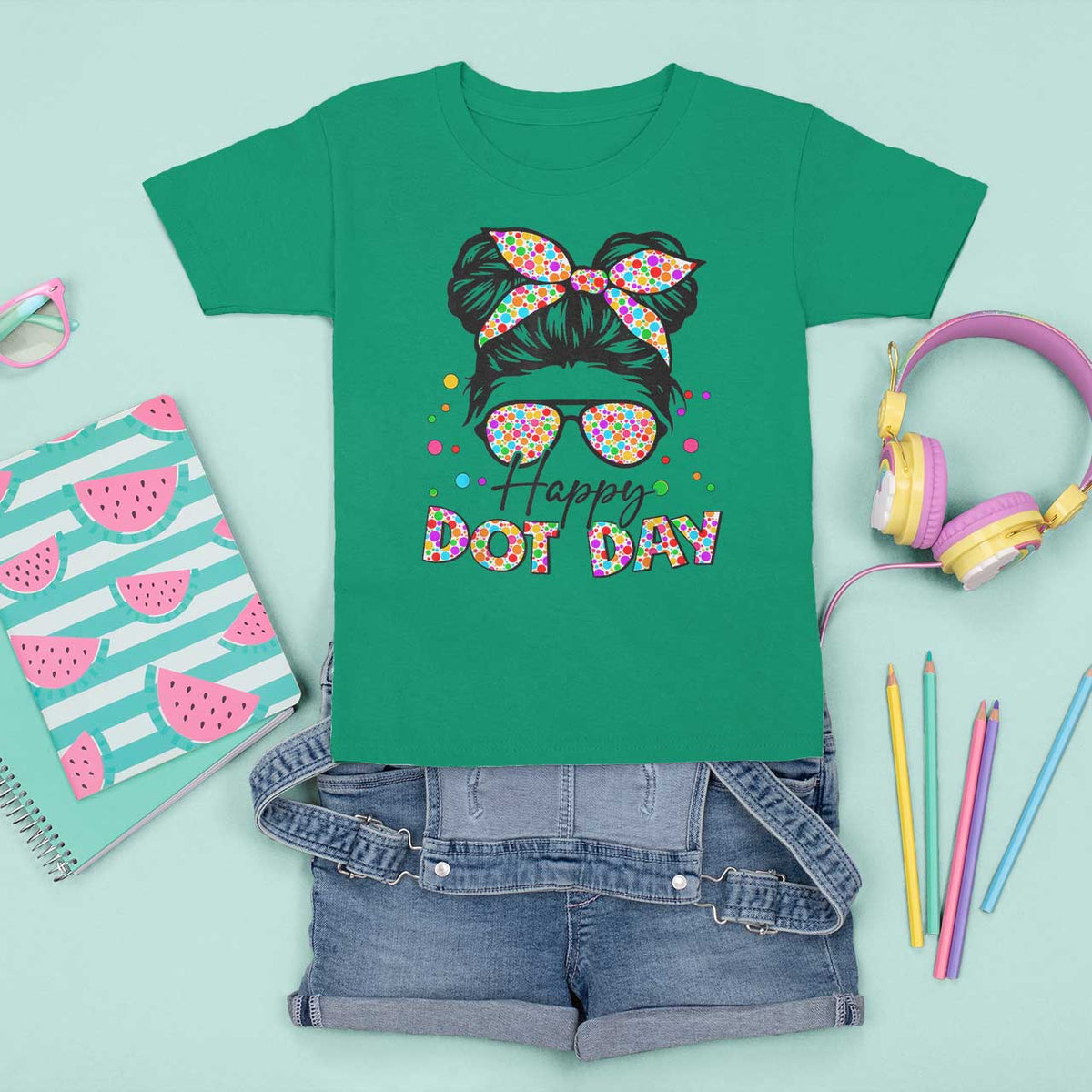Happy Dot Day Messy Bun Girl T Shirt For Kid Colorful Polka Dots - Wonder Print Shop