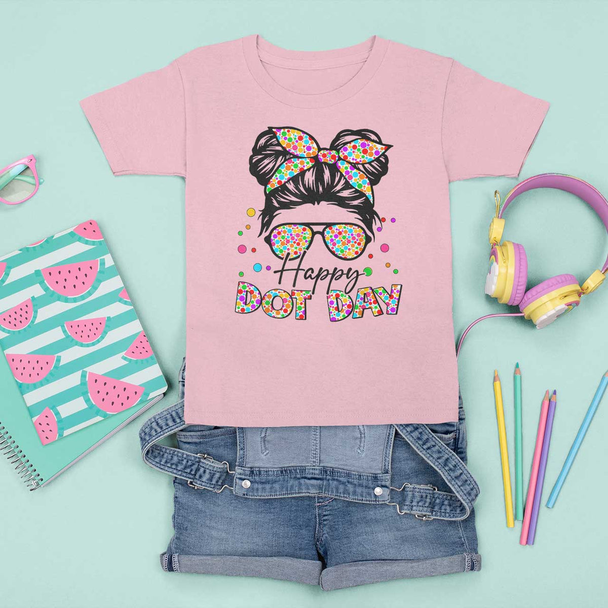 Happy Dot Day Messy Bun Girl T Shirt For Kid Colorful Polka Dots - Wonder Print Shop