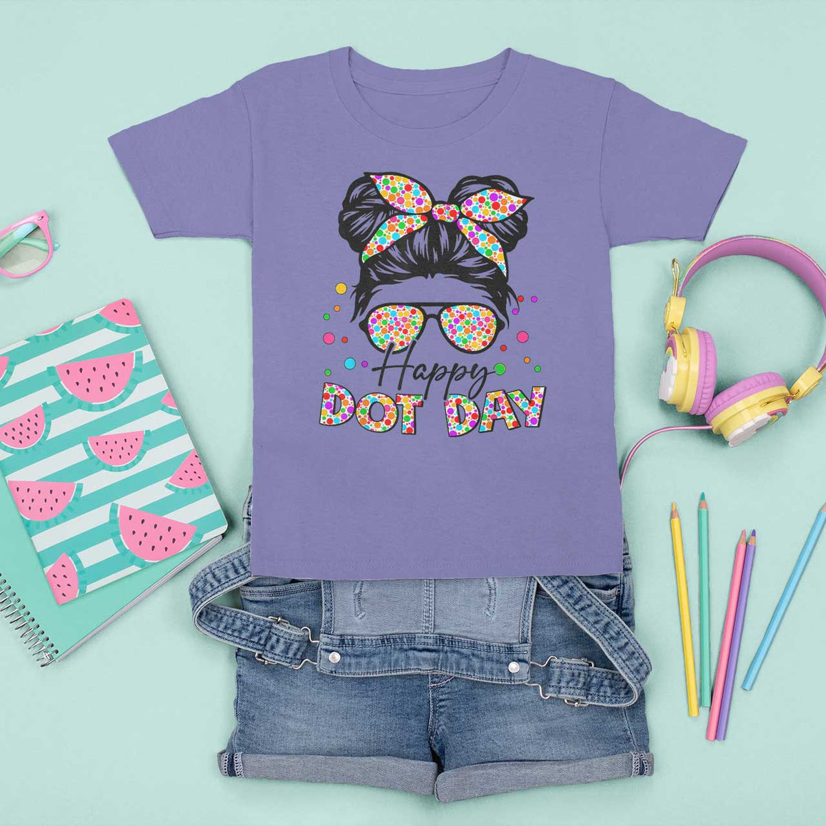 Happy Dot Day Messy Bun Girl T Shirt For Kid Colorful Polka Dots - Wonder Print Shop