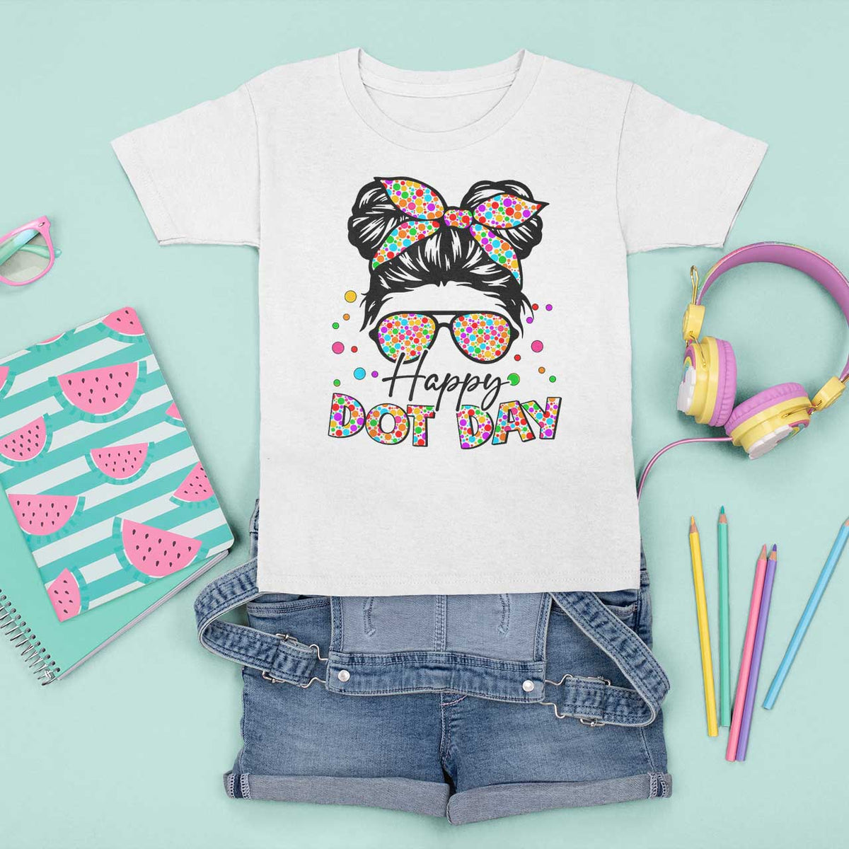 Happy Dot Day Messy Bun Girl T Shirt For Kid Colorful Polka Dots - Wonder Print Shop