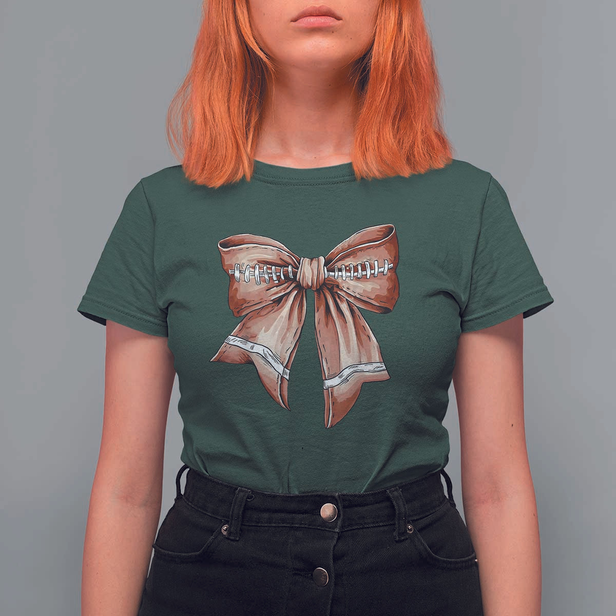 Coquette Bow Pumpkin American Football T Shirt For Women Retro Thanksgiving Autumn Vibe - Wonder Print Shop